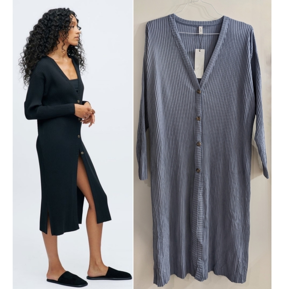 KOTN Ribbed Button-Front Long Cardigan Dress in Black and Slate